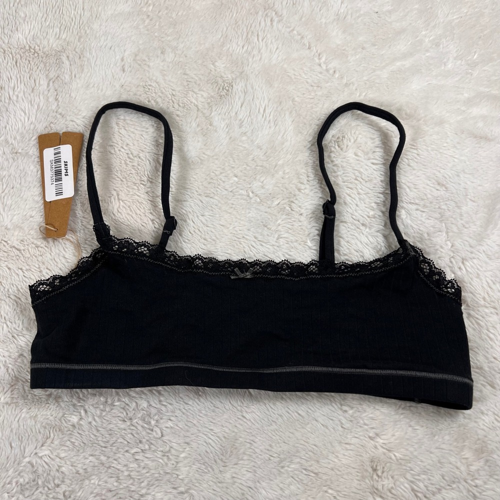 SKIMS Lightweight Cotton Pointelle Scoop Bralette Soot Tonal Black M BRBRL11251W